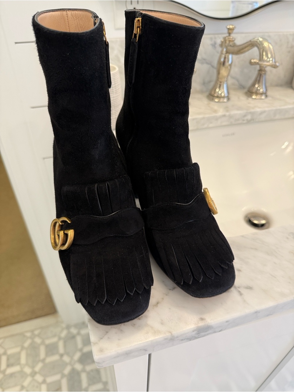 Gucci Black Suede Tassel Block Heel Ankle Boots Excellent condition.